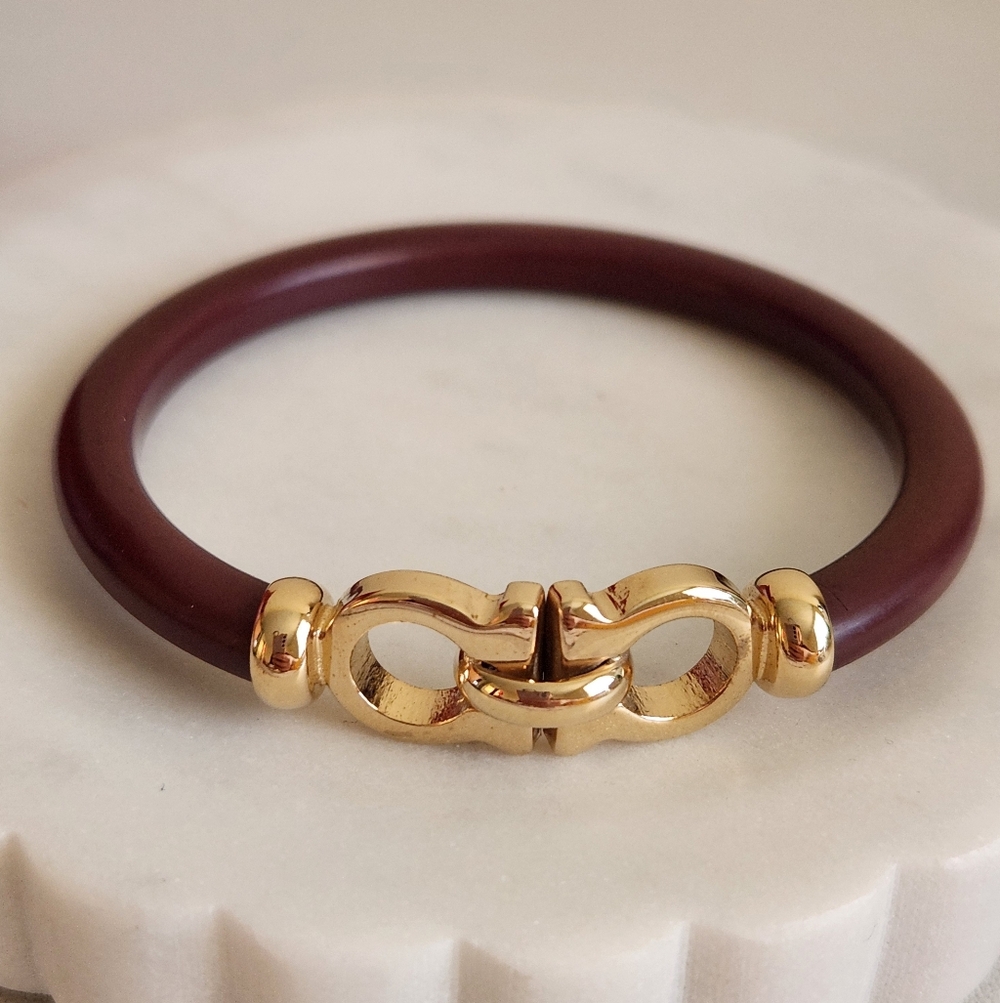 Salvatore Ferragamo Brown Bangle Bracelet Gancini Gold Tone Motif